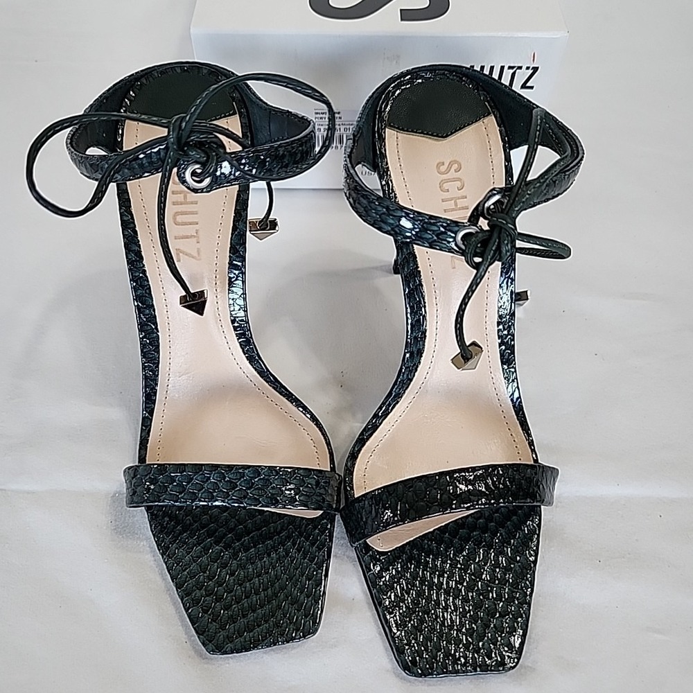 Schutz Mavis Green‎ Leather Heeled Mule Sandals Women's 8B Snake - Picture 3 of 5